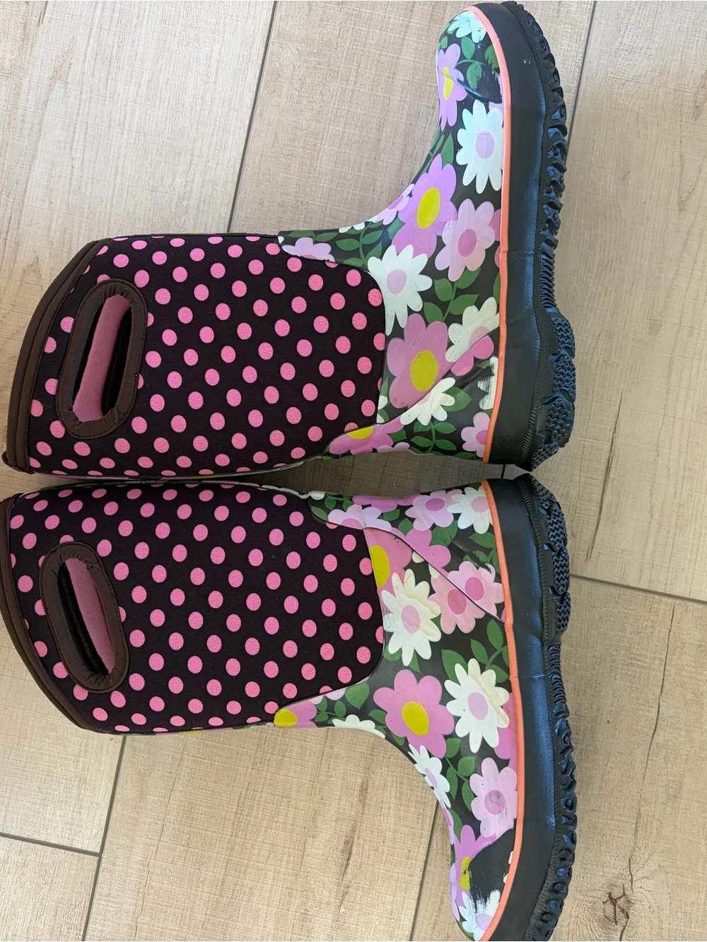 Bogs Kids Floral Polka Dot Pink & Brown Boots